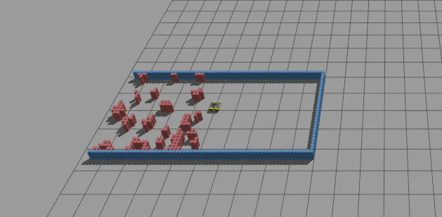 BARN world 299: a tight obstacle field near the arena's far wall
