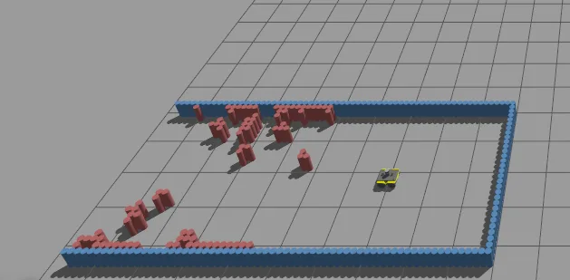 BARN world 32: a denser arrangement of red block obstacles inside the walled arena