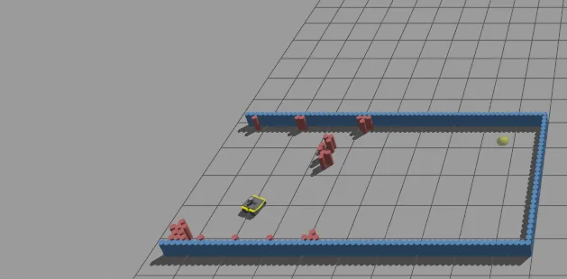 BARN world 5: the Jackal in a walled arena with a sparse scatter of red block obstacles, viewed from above in simulation