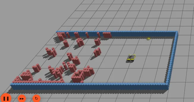 BARN world 62: clustered red block obstacles forming narrow passages in the arena