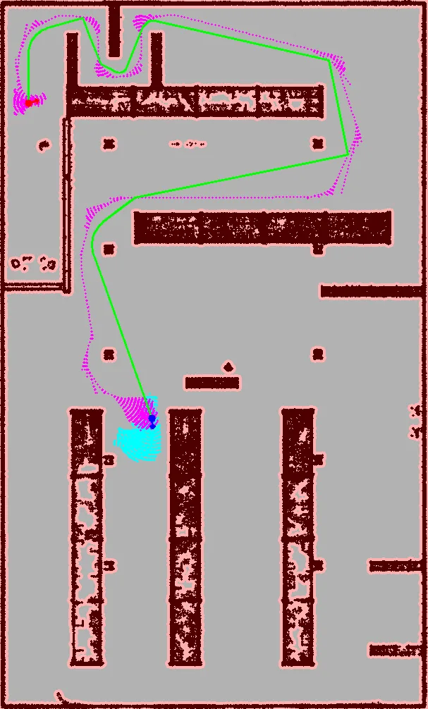 BMHS planner output for an Ackermann vehicle: a smoothed path with Bézier corners through a grid map with inflated obstacles