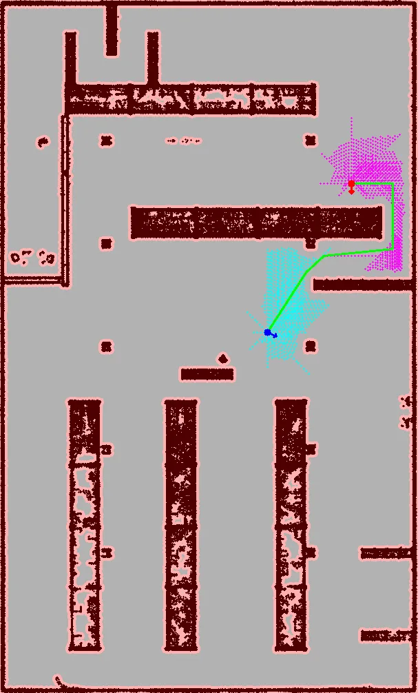 BMHS planner output for a differential-drive vehicle: long straight line-of-sight segments with in-place turns