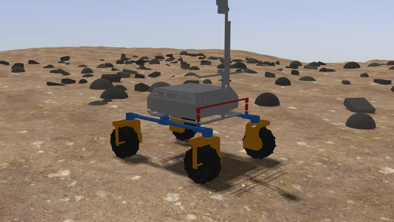 The rocker rover on a rock-strewn terrain patch in Gazebo Classic