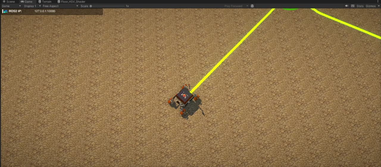 Unity game view of the Mongol-Tori digital twin following a waypoint path on desert terrain